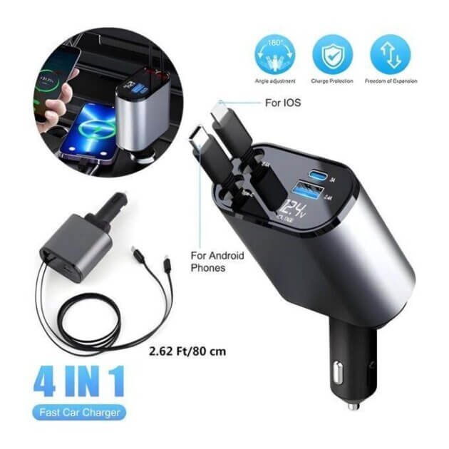 شاحن سيارة قابل للسحب 4 في 1 بقوة 120 واط